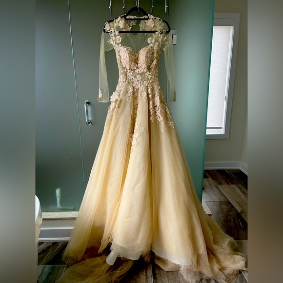 Cream A-Line Gown with Illusion Sleeves and Floral Appliqué - Picture 2 of 4